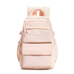 Frontal view of a pale pink academy style schoolbag with embroidered CHILANG detail