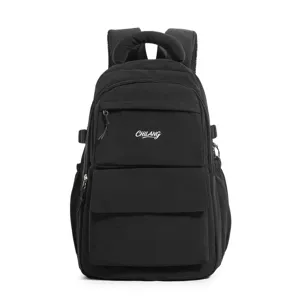 Front view of black Japanese style school backpack featuring white letter embroidery detail