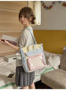 Close-up detail of a Japanese style sweet pastel itabag with a clear display window.