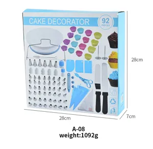 Detailed view of the 92-piece cake decorating set box, showing included tools and dimensions.