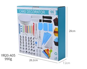 Vista detallada de la caja de embalaje del kit de decoración de pasteles de 66 piezas y medidas.