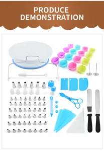 92-piece cake decorating kit with stainless steel piping tips, turntable and baking tools.