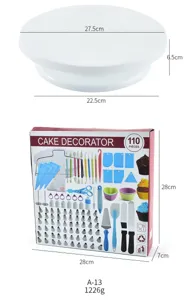 Complete 110-piece cake decorating kit with rotating turntable and piping tips for baking.