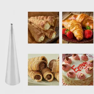 Stainless steel pastry cone mold for baking cream horns, croissants, and puff pastry items.