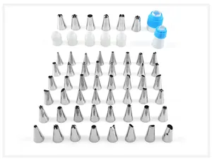 Stainless steel icing piping nozzles detail showing various metal tips for cake decorating.