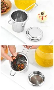 Infusore per tè in acciaio inossidabile con coperchio manico lungo filtro a maglia fina