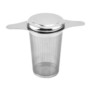 Filtro per tè in acciaio inossidabile con coperchio e manici per tazze e teiere sfuse.