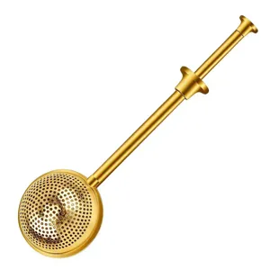 Gold telescopic powder sifter ball strainer detail showing the fine mesh head and handle.