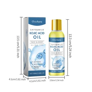 OceAura kojic acid body and face oil detail view showing dimensions and 100ml bottle.