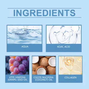 Skincare essence ingredient breakdown chart showing water, kojic acid, and natural oils.