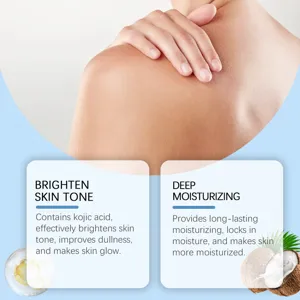 Body serum detail view highlighting skin brightening benefits and deep moisturizing formula.