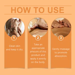 Body oil usage guide detail image showing clean skin, application and massage steps.