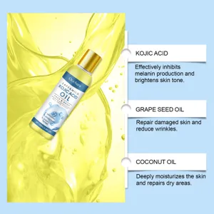 OceAura kojic acid body oil detail showing key ingredients and moisturizing benefits.