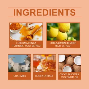 Natural soap ingredients detail showing turmeric, lemon, goat milk, honey, and coconut oil.