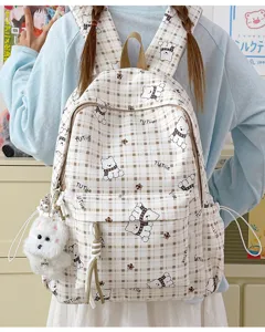 Kawaii beige plaid backpack with cute cartoon bear prints and plush charm