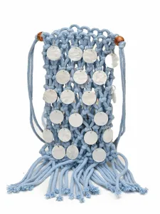 Handmade light blue woven mobile phone bag with iridescent shell charms and tassels