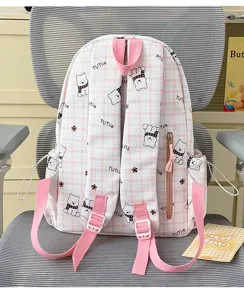 Detailed back view of pink plaid schoolbag with cute cartoon bear prints