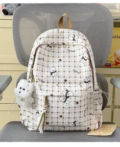 Cute cartoon bear plaid backpack with plush dog keychain and large capacity for school students