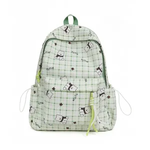 Light green plaid student backpack featuring cute cartoon bear patterns and front pocket