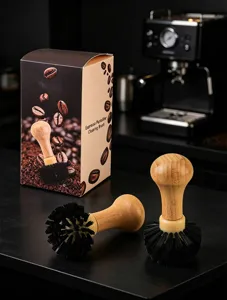 Wooden handle espresso portafilter cleaning brush with durable black bristles for group head.
