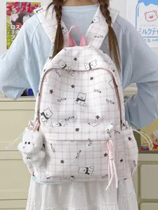 Cute Cartoon Bear Plaid Backpack Large Capacity School Bag For Primary Junior High School Students Girls Nylon Student Bookbag