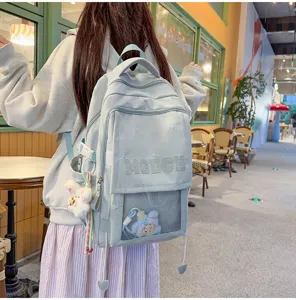 Detailansicht von hinten eines hellblauen japanischen Ita-Bag-Rucksacks mit Plüsch
