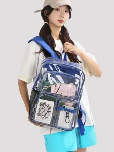 Modischer transparenter PVC-Rucksack mit blauem Rand und vielen Taschen für Schüler