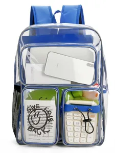 Großer transparenter PVC-Schulrucksack mit blauem Besatz und praktischen Taschen