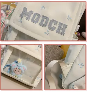 Nahaufnahme der beigen Ita-Bag-Klappe mit MGDCH-Buchstaben und dem Sichtfenster