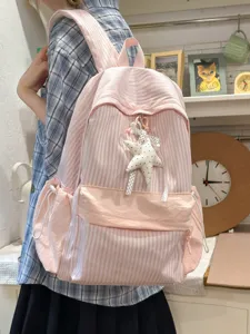 Großer rosafarbener gestreifter Schulrucksack für Schüler mit niedlichem Stern-Anhänger