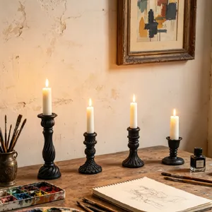Conjunto de portavelas de resina francesa vintage pilar romano negro decoración boda.