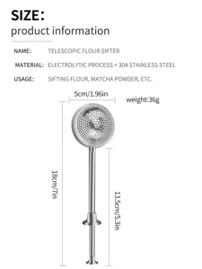 Detailed dimension specification of the telescopic stainless steel flour sifter tool.