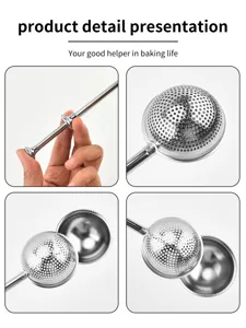 Stainless steel mesh flour sifter with telescopic handle and press ball design for baking.
