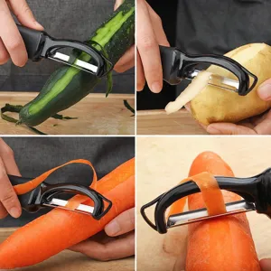 Multifunctionele groentesnijder met zwarte handgreep en roestvrijstalen dubbele mes voor keuken
