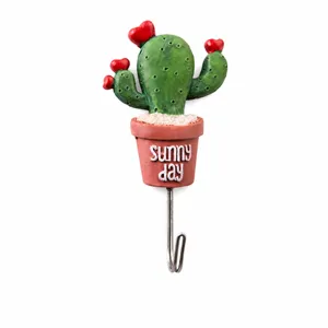 Cactus wall hook resin sticky hook cute plant design metal hook for kitchen and home decor