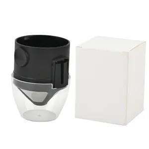 Portable pour-over coffee dripper with stainless filter mesh and white storage box.