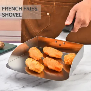 Stainless steel french fries shovel commercial food scoop tool with ergonomic handle.