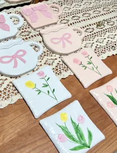 Resin bow jewelry dish and floral coaster set, cute home decor and photography props tray.