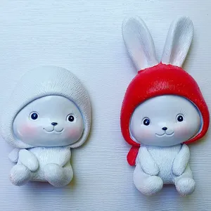 Close-up detail of cute cartoon rabbit wall hooks, resin decorative key holders, aesthetic room.