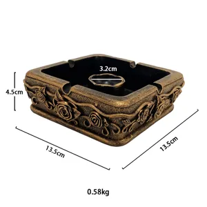 Vintage square resin incense burner ashtray with rose relief, 13.5x13.5x4.5cm home decor.