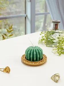 Close-up detail of a cute green cactus candle placed nicely on a luxury gold tray.