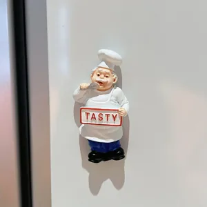 Resin cartoon chef fridge magnet detail shot, cute kitchen decor message sticker design.