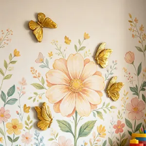Dettaglio decorazione murale adesivo magnetico frigorifero farfalla in resina oro 3D.
