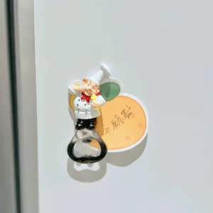 Close-up detail of a cute cartoon chef fridge magnet bottle opener, durable metal opener.