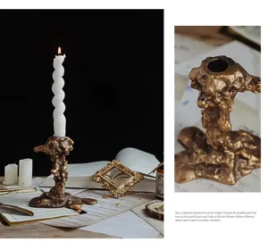European retro melted wax candlestick detail, vintage golden candle holder for photo props.