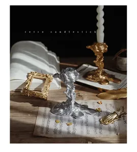 Close-up detail of retro silver melted candlestick, vintage artistic candle holder for decor.