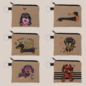 Schattige Teckel Hond Print Mini Portemonnee Draagbare Polyester Stof Muntzakje Met Sleutelhanger Rits Portefeuille Voor Dames