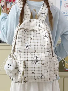 Cute cartoon bear checkered backpack for girls large capacity schoolbag