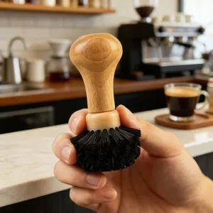 Solid wood coffee portafilter group head cleaning brush with dense black bristles.