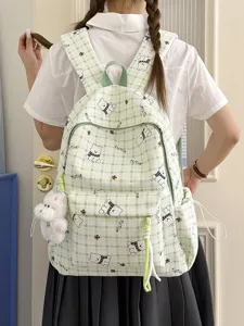 Kawaii green plaid school backpack with cartoon bears and a plush bear keychain for girls